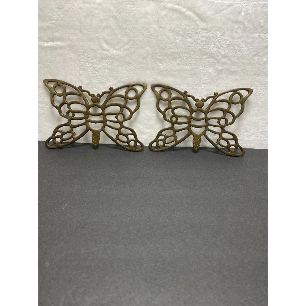 VTG Pair of Brass Butterfly Trivets Hot Plates MCM‎ Pot Holder Wall Decor